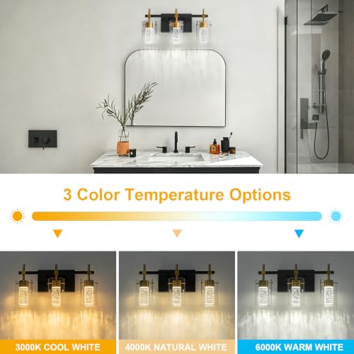 Image of 3-Light Black and Gold Vanity Light with 3 Color Modes (3000K /4000K /6000K), Eye Protection LED Bathroom Light Fixture, Dimmable Modern Wall Light Over Mirror with Clear Glass Shade