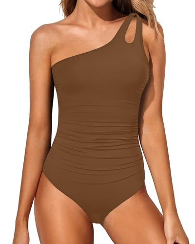 Image of Holipick One Shoulder One Piece Swimsuit for Women Tummy Control Bathing Suits Modest Full Coverage Keyhole Swimwear