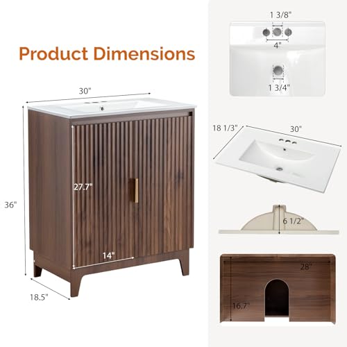 image for VINGLI 30Inch Walnut Fluted Bathroom Vanity with Ceramic Sink, 2-Door 
