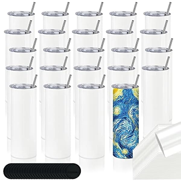 XccMe 24 Pack Sublimatie Tumblers bulk, 20oz Rechte RVS Tumbler, Dubbelwandige Geïsoleerde Sublimatie Blanks met Deksel, Stro, Individueel Boxed, Polymeer Coating voor Mok Persmachine