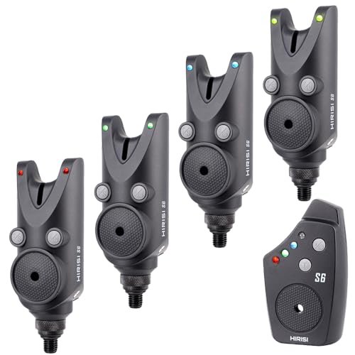 Hirisi Tackle Wasserdichter kabelloser Karpfenbiss-Alarm mit LED-Leuchten, Einstellbarer Lautstärke Tonregelung und Empfindlichkeit bissanzeiger Angeln mit Funk (FBA-S6-4)