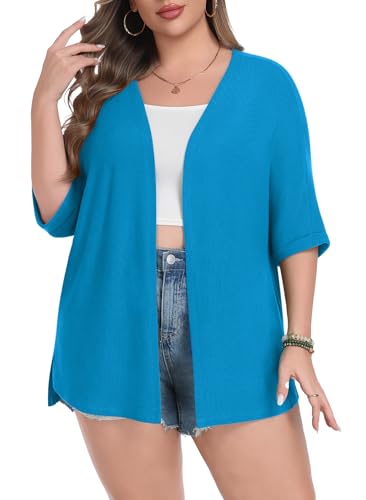 Image of Lastshe Womens Plus Size Cardigan Short Sleeve Lightweight Loose Cover Ups Open Front Sweaters Summer Cardigan