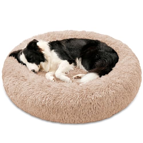 Image of JOLLYVOGUE Calming Washable Dog Bed Medium Size Dog, 31 Inch Donut Medium Dog Bed with Removable Cover, Anti-Slip Round Fluffy Faux Fur Bed, Fits up to 45 lbs Pets, Camel