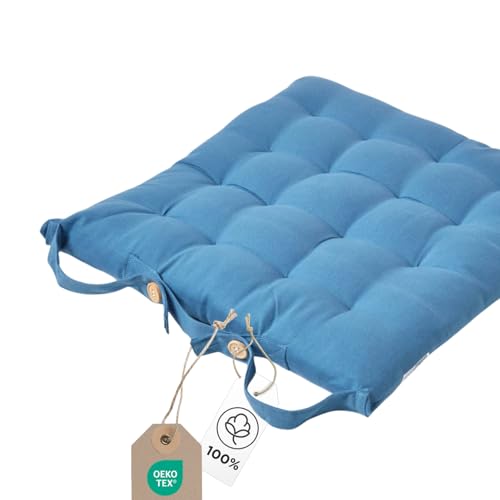 Homescapes Stuhlkissen 40x40 cm blau – Sitzkissen Outdoor/Indoor mit Baumwollbezug, Sitzpolster waschbar und Oeko-TEX-Zertifiziert für Esszimmer-, Küchen- & Gartenstühle