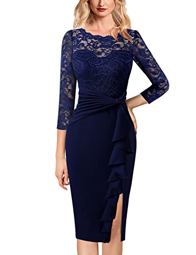 VFSHOW Womens Floral Lace Ruffle Peplum Bow Split 3/4 Sleeve Cocktail Party Bodycon Pencil Dress