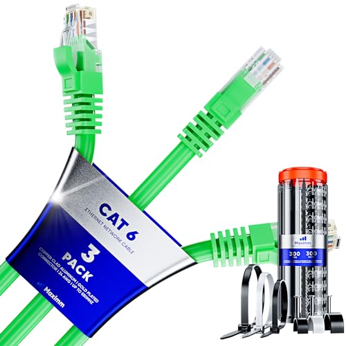 Maximm Cat 6 Ethernet Cable 5 Ft, (3-Pack) Cat6 Cable, LAN Cable, Internet Cable, Patch Cable and Network Cable - UTP (Green) 5 Feet with 100 Cable Clips and Zip Ties
