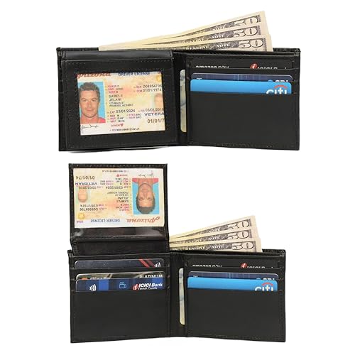 Men's Genuine Leather Bifold Wallet RFID Blocking, 2 ID Windows, 6 Card Slots, Extra Capacity