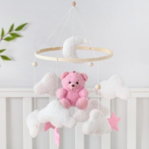 Image of Baby Mobile for Crib Bear Cloud Crib Mobile Handmade Furry Nursery Mobile Gender Neutral Crib Toy Hanging for Nursery Decor Accessories