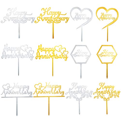Kauayurk 12Pcs Happy Anniversary Cake Topper Party Decoration Supplies, Gold Sliver Wedding Anniversary Acrylic Cake Topper, Happy Anniversary Cake Décor #TOP6