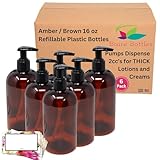 BROWN AMBER PLASTIC BAIRE BOTTLES WITH LOTION PUMPS - 16 OZ REFILLABLE - ORGANIZE Soap, Shampoo, Lotion with a Clean, Clear Look - PET, Lightweight, BPA Free, 6 Pack, BONUS 6 FLORAL LABELS
