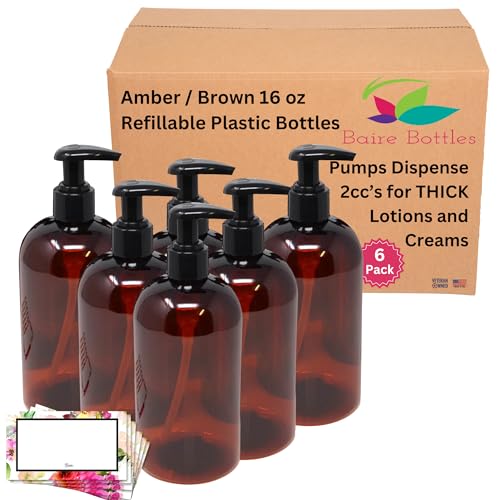 Baire Bottles 16 oz Empty Refillable Plastic Pump Bottles Dispenser FOR THICK PRODUCTS 6 Pk BPA Free Refill Shampoo Lotion Soap Waterproof Labels USA(Amber/Brown with Black Lotion Pump, Floral Labels)