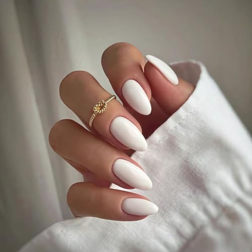 Milk White Press on Nails Medium Almond Fake Nails Solid Color False Nail Design Solid White Glossy Acrylic Nails for Women Girls DIY Manicure Decoration 24Pcs
