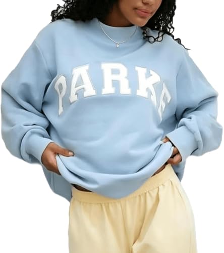 DDDTTFL 2026 New PARKE Embroidered Casual Sweatshirt – Unisex, Cotton, Loose & Slimming Fit, Versatile Style (X-Large,ight Blue With White Text)