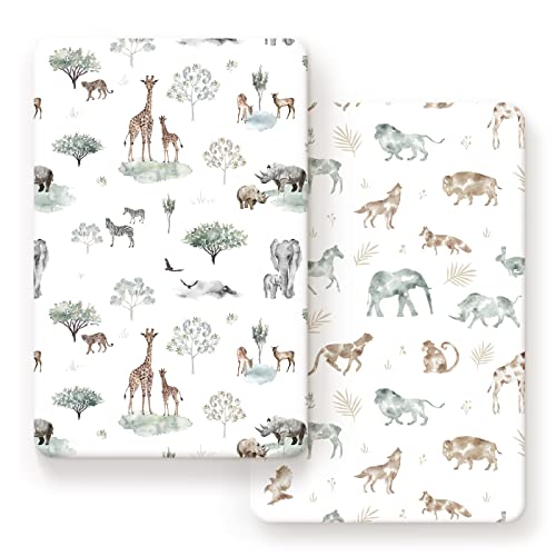 stretchy ultra soft jersey knit fitted pack n play sheets set 2 pack portablemini crib sheets for boys and girls stylish playard sheets fitted safe and snug african savannah animals pattern