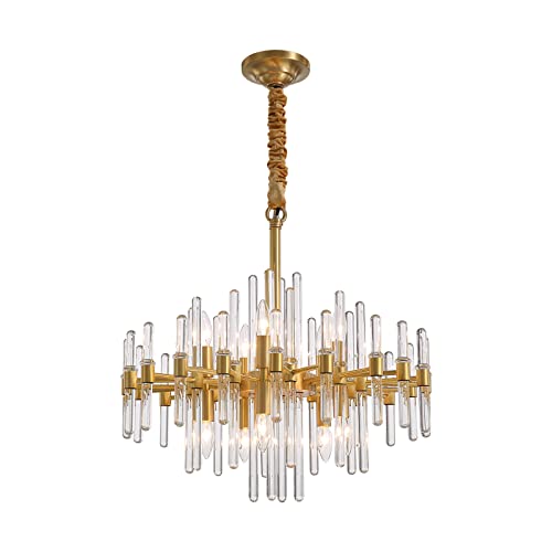 Siljoy Modern Crystal Chandelier, Gorgeous Gold Round Pendant Light Fixture With Brass Base Clear Cylinder Shade For Bedroom Dining Room Living Room Kitchen, 10 Lights, D24.4 X H23.6 #TOP6
