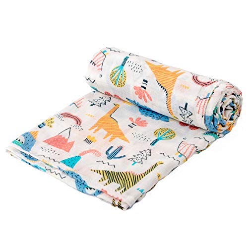 Busy Monkey Muslin Baby Swaddle Blanket-Dinosaur Dino Print-Luxurious-Soft and Silky-70% Bamboo 30% Cotton-Size 47x47 inch-Baby boy Nursing Cover-Wrap-Burp Cloth
