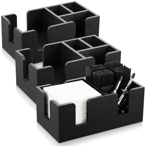 Mifoci Bar Caddy Napkin & Straw Holder Organizer, 3 Pcs, Black, Pinewood