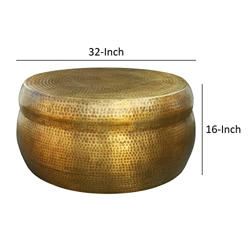 The Urban Port UPT-276805 32-Inch Artisanal Round Drum Coffee Table, Hammered Embossed Texturing, Aluminum, Antique Brass thumb #4