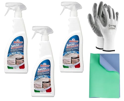 San Air - Limpiador desinfectante para climatizadores, filtros, componentes, unidad externa, elimina malos olores, 3 x 750 ml spray sin gas, con 1 par de guantes y 1 paño de 40 x 30 cm, doble acción