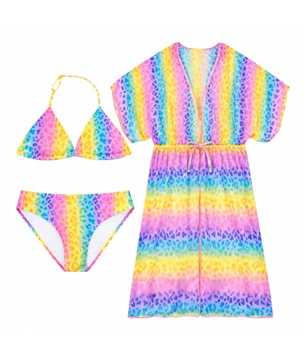Conjunto de Traje de Baño de 3 Piezas para Niñas, Bikini con Coverup para Nadar, Traje de Baño de Dos Piezas con Coverup para Niñas de 4 a 16 Años (10-12 Years, LA725-Rainbow)