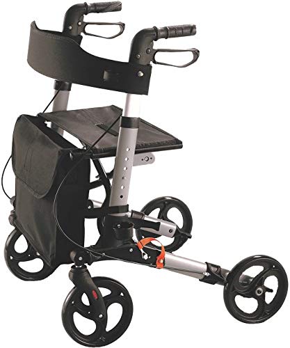 Wollex Rollator Alu Leichtgewicht 3-Fach faltbar, Gehilfe, Höhe verstellbar mit Gurt, Tasche mit 10 Liter Füllvolumen, Stockhalter und Sitzfläche, Belastbarkeit 136 kg