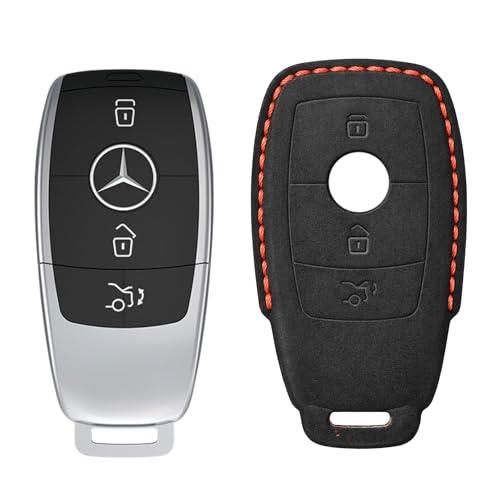 Image of KMH Alcantara Car Key Cover Compatible with Mєrcєdєs W205, E320L, C200, C180, C260, C300 Series Model 3 Buttons Shell Case Holder Full Key Protector Smart Keycover, Black - Pack of 1