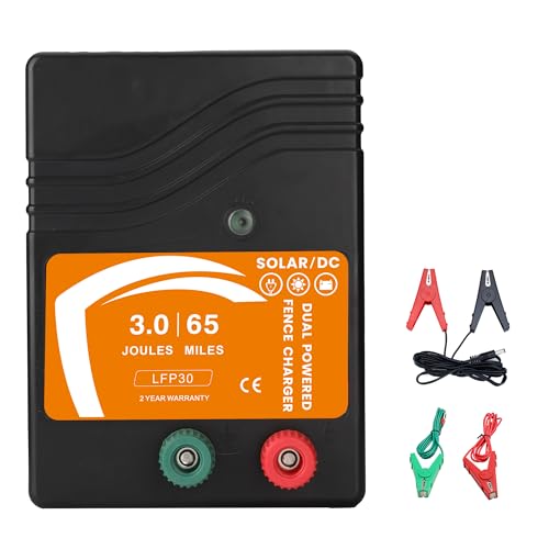 Electric Fence Charger 3 Joule AC DC Solar Powered 65 Miles 200 Acres, Output Voltage Max 10.4 kV, No Adapter Included, for Livestock, Preventing Predators from Intruding