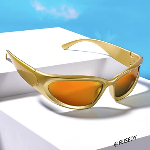 FEISEDY Y2K Futuristic Sunglasses Cool Oval Wrap Around 90s Visor Thick Frame Vintage for Men Women B29514