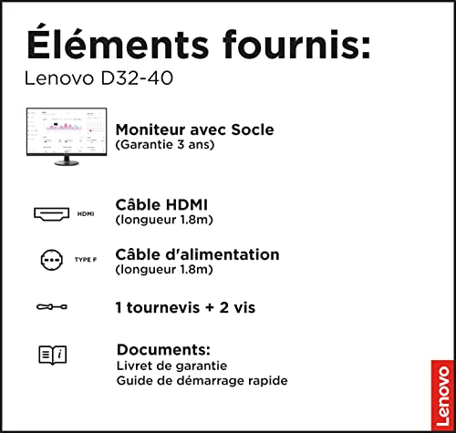 Lenovo D32-40 - Écran 31,5 Full HD (VA, 75Hz, 4ms, HDMI) Réglage en Inclinaison – Noir