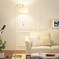 Ambimall Arc Floor Lamp with Beige Linen Shade - Gold, Dimmable Bulb, Colors Temperature Adjustable, Foot Pedal Switch and Remote Control, Easy Assembly
