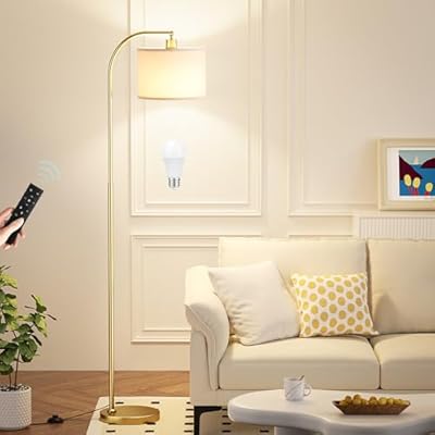 Ambimall Arc Floor Lamp with Beige Linen Shade - Gold, Dimmable Bulb, Colors Temperature Adjustable, Foot Pedal Switch and Remote Control, Easy Assembly