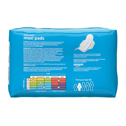 Image of Amazon Basics Feminine Maxi Pads with Flexi-Wings for Periods, Long Length, Super Absorbency, Unscented, Size 2, 32 Count, 1 Pack (Previously Solimo)