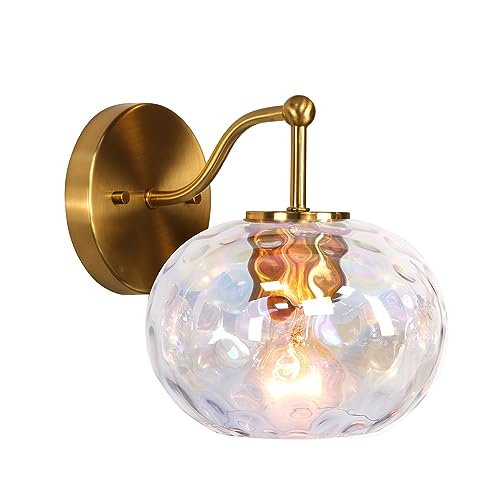 Image of Gold Wall Sconce Light Colorful Hammered Glass Vanity Lighting Brushed Brass Wall Lamp for Bathroom Over Mirror