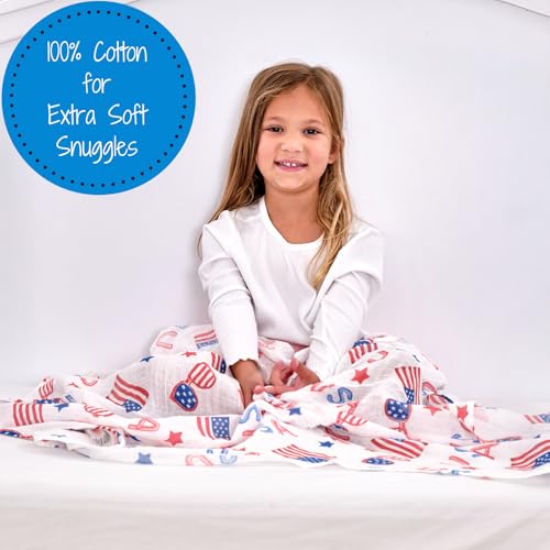 Image of LollyBanks Swaddle Blanket 4th of July, 100% Cotton Muslin Swaddle Blankets, Neutral Swaddle Blanket 47 x 47 Inches, Baby Blanket for Boys and Girls, Baby Essentials, Registry (USA Print)