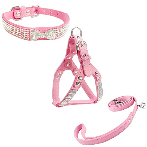 Newtensina Ensemble collier, harnais et laisse pour chien avec nœud papillon mignon, collier doux et confortable en strass avec harnais et laisses pour chien – Rose – XS