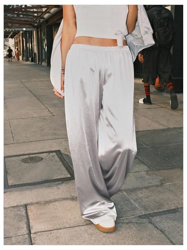 Floerns Women's Y2k Satin Elastic Waist Wide Leg Pants Satin Loose Fit Casual Trousers3