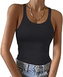 Summer Halter Top Ribbed Kint Backless Tops Elastic Tank Scoop Neck Suspenders Shirt(02# Full Length Black,S)