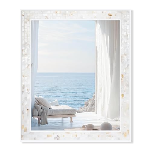 Tanmicoshomy 30 x 36 Inch White Bathroom Mirror, Natural Shell Framed Rectangle Mirrors with Tempered for Bathroom Bedroom, Living Room, Wall Mounted Horizontal or Vertical Hanging