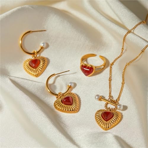 Bijoux cœur agate rouge en acier : parure collier, bague et boucles