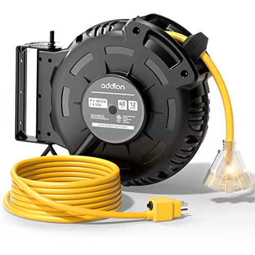 Addlon Retractable Extension Cord Reel - 40Ft Heavy Duty 12 Awg Power Cord With 5Ft Ultra Lead In, 3 Led Outlets, Safety 15 Amp Circuit Breaker, Ceiling/Wall Mount For Workshop/Garage - Sjtow/Etl #TOP15