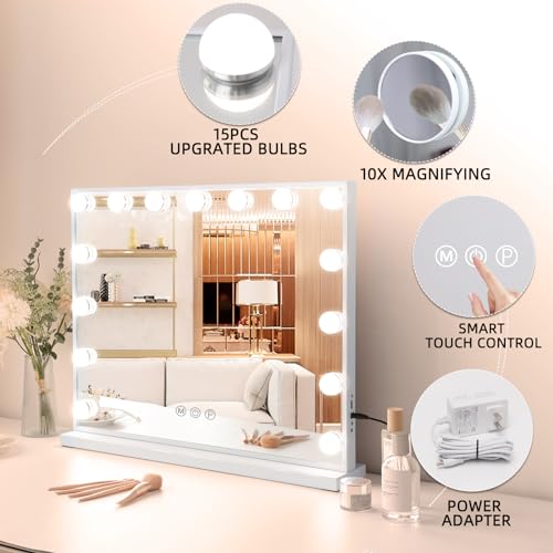 Fenair Vanity Mirror with Lights 22.8"x 18.1" Makeup Mirror with Lights and 15 Dimmable Bulbs,3 Colors Modes,Hollywood Mirror with USB Charging Port and 10X Detachable Magnification Mirror by Fenair - Image 6