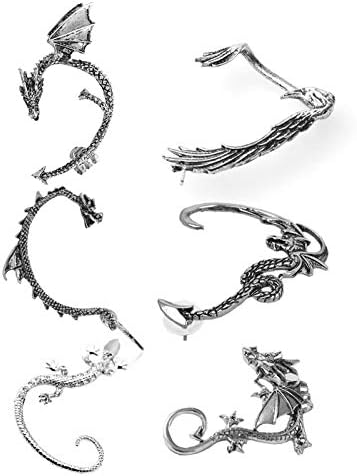 4-6 Pcs Vintage Snake Ear Cuff Earring Set Punk Gothic No Piercing Dragon Bat Crow Ear Climber Retro Stud Wrap On Ear Cartilage Clip Nightclub Jewelry for Women Men-B 6pcs