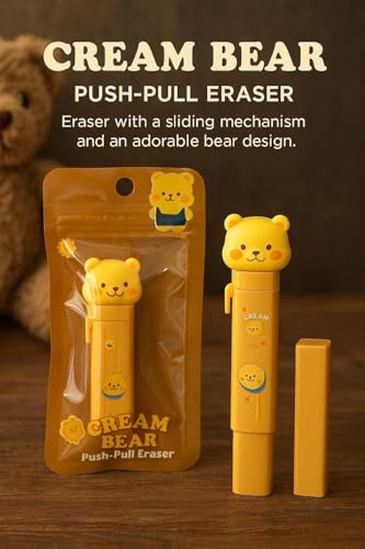 Image of Adorable Cream Bear Push-Pull Eraser with Sliding Mechanism. Cute Bear Design, Easy to use, Durable and Mess-Free - Perfect for Kids, Students, and Stationery Lovers (22)