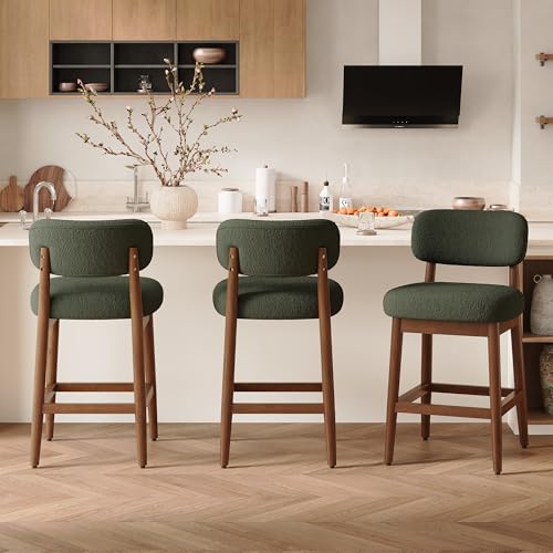 Image of Counter Height Bar Stools Set of 3, Mid-Century Modern Boucle Bar Chairs with Solid Wood Frame, Fluffy Upholstered Stools with Backrest for Kitchen Island, Home Bar, Olive Green