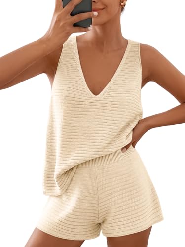 LILLUSORY Womens Summer 2 Piece Vacation Short Sets Matching V Neck Cute Beach Outfits 2026 Lounge Coastal Set Knit Pajamas Apricot L