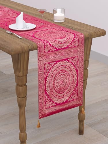Image of Diwali Decor Brocade Jacquard Silk Table Runner Long Runner for Dinning & Centre Table Mandala Print 72 x 16 Inches (Pink)