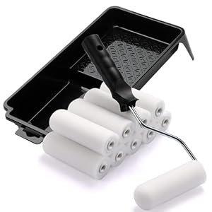 ACEBON Lackierset mit 10 Schaumstoffwalzen 11 cm, Farbroller Set mit Farbwanne und Bügel, Lackierrolle für Türen, Möbel, Schränke, Holz & Metall, Streifenfreies Finish auf Glatten Oberflächen
