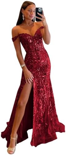 Sparkly Sequin Mermaid Prom Dresses 2026 Off The Shoulder Tulle E...