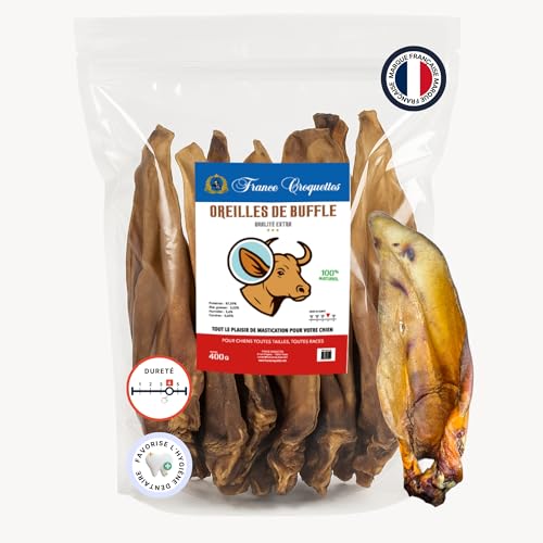 XXL Büffelohren für Hunde – 100 % natürlich, reich an Protein (87,59 %), fettarm – langanhaltender Kaugenuss – Premium-Qualität – ohne Zusatzstoffe (1 x 400 g)