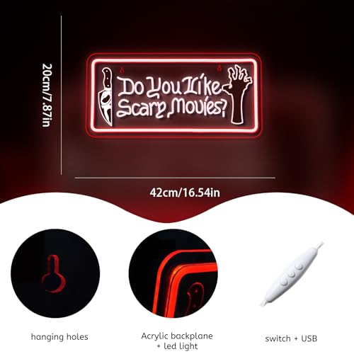 Image of WLHOPE Do You Like Scary Movies Neon Sign Red Neon Signs for Wall Decor Led Lights for Cinema Halloween Bar Club Party Teen Boy Bedroom Game Room Decor Gifts